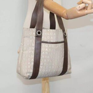 BVLGARI Tote Bag Canvas Brown Silver Auth